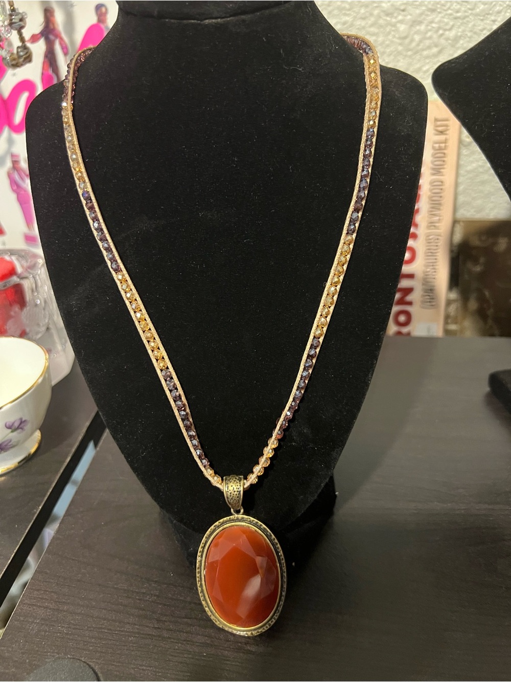 Gold-Tone beaded Necklace with Oval Red Gem Pendant
